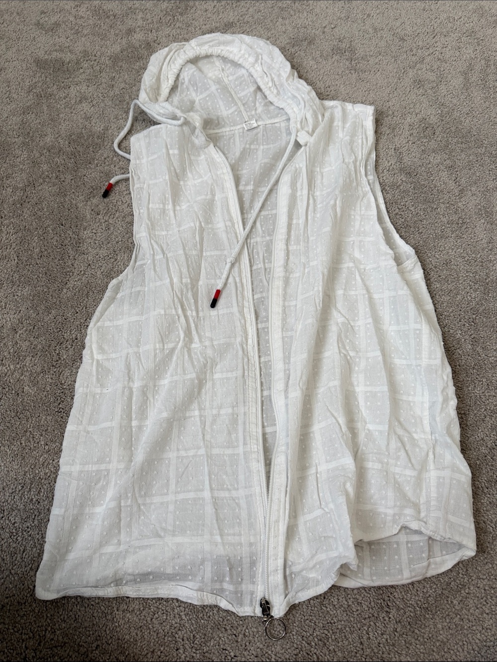 Lightweight White Sleeveless Hooded Zip Front Top